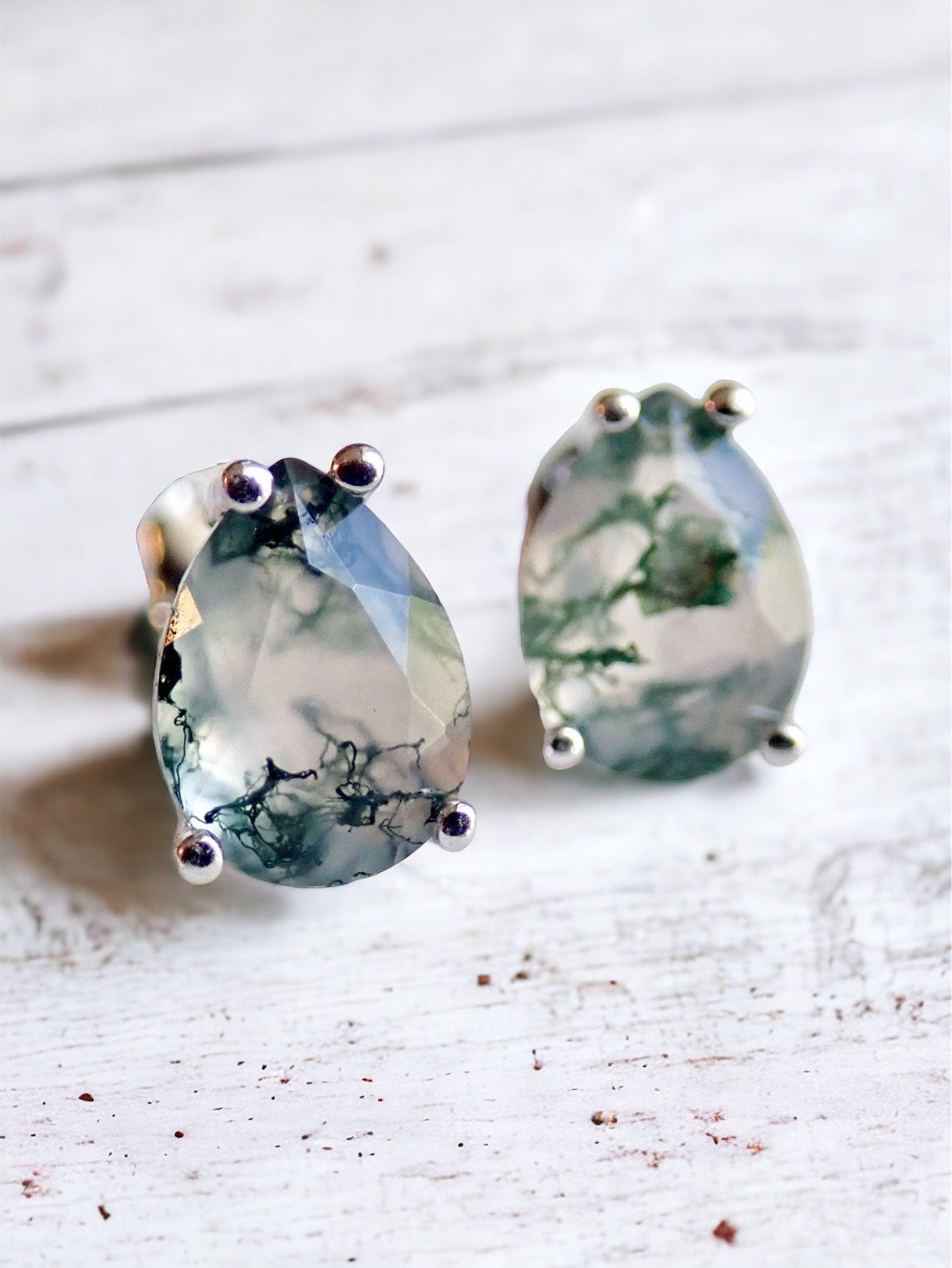 Moss Agate Stud Earrings Sterling Silver, Teardrop Natural Gemstone Studs, Moss Agate Jewelry, Birthstone Gift, Minimalist Crystal Posts,