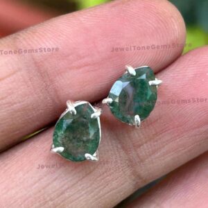 Teardrop Moss Agate Stud Earrings: 925 Sterling Silver Pear Stone Teardrop Moss Agate Stud Earrings: 925 Sterling Silver Pear Stone