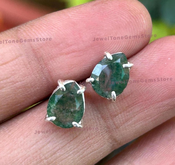 Teardrop Moss Agate Stud Earrings: 925 Sterling Silver Pear Stone