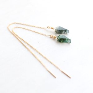 Moss agate threader earrings gold, spike earrings, pointy earrings, moss agate jewelry, virgo stone for heart chakra, natural gemstone gift