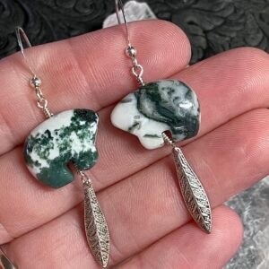 Tree Moss Agate Zuni Bear And Ornate Leaf Dangly Earrings Tree Moss Agate Zuni Bear And Ornate Leaf Dangly Earrings