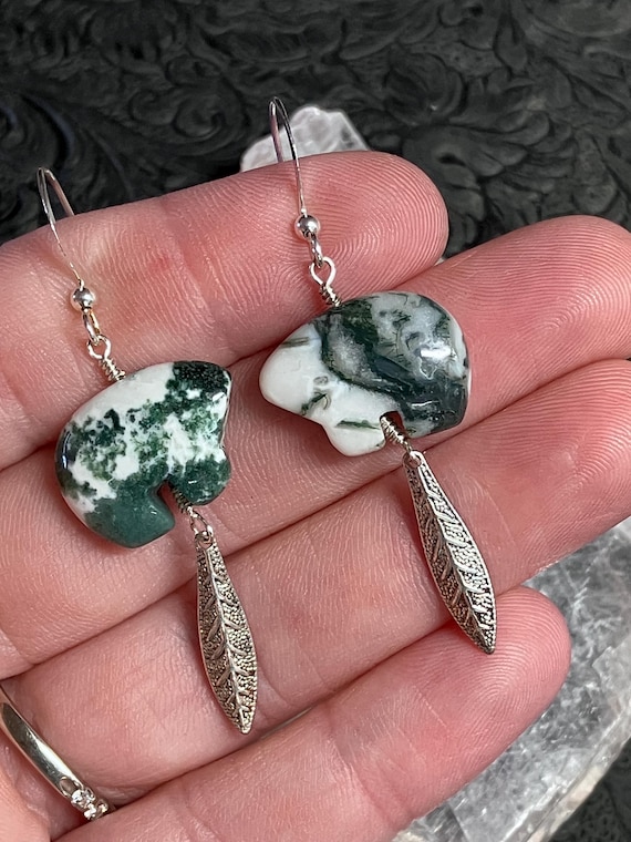 Tree Moss Agate Zuni Bear And Ornate Leaf Dangly Earrings Tree Moss Agate Zuni Bear And Ornate Leaf Dangly Earrings