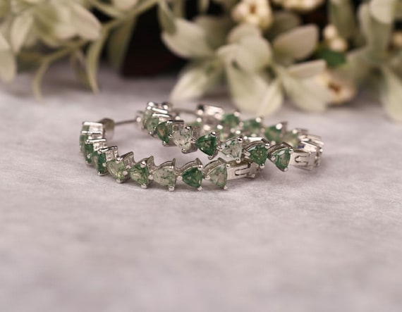 Trilliant Moss Agate Hoop Earring, Green Earrings, Gift For Her, Bridal Earing, Circle Earrings Trilliant Moss Agate Hoop Earring, Green Earrings, Gift For Her, Bridal Earing, Circle Earrings