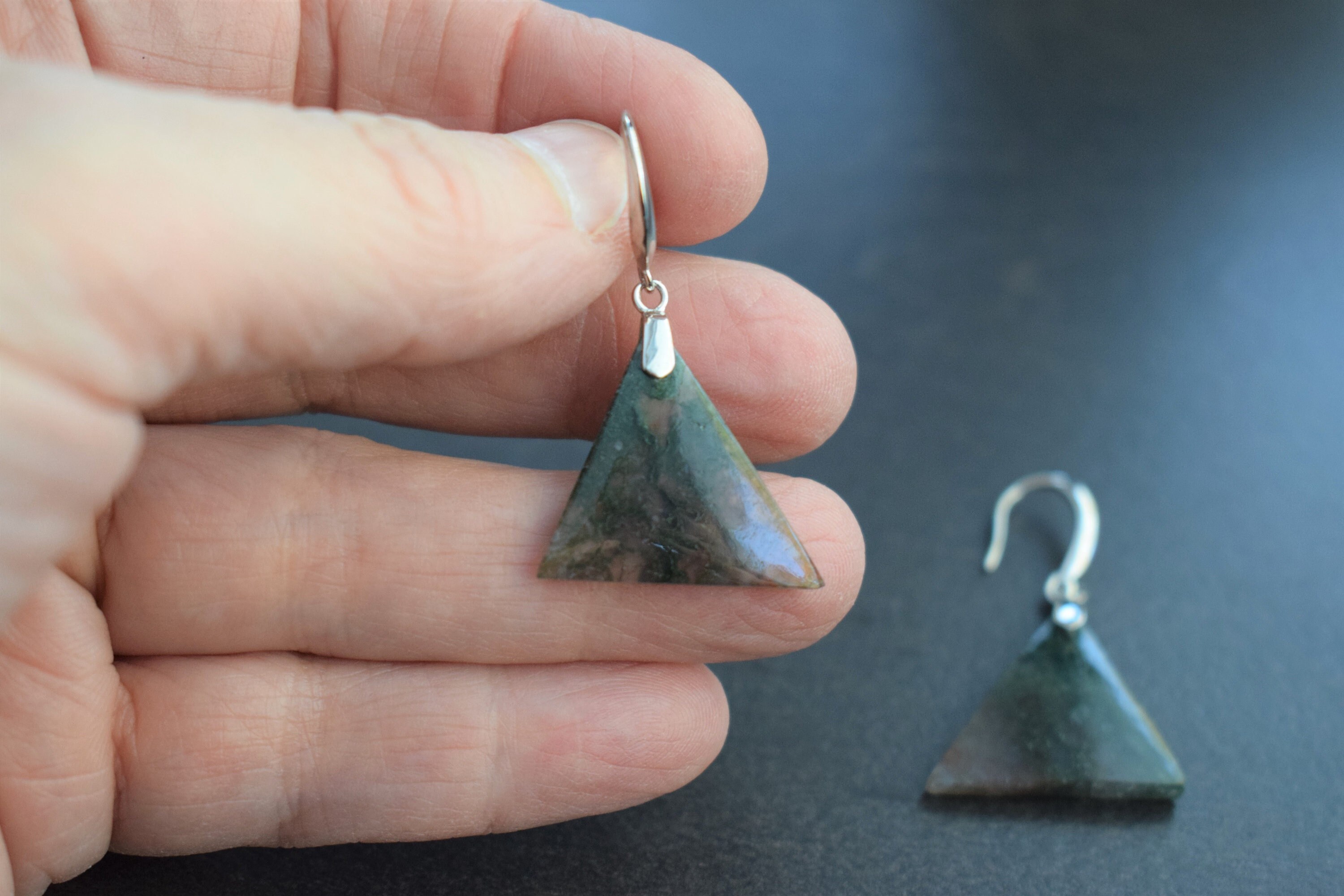 Moss Agate Trillion Drop Earrings - Natural Semi Precious Stone - Sterling Silver Moss Agate Trillion Drop Earrings - Natural Semi Precious Stone - Sterling Silver