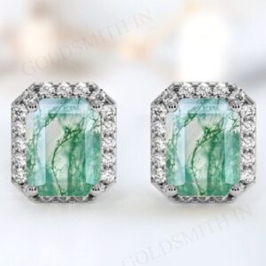 Unique Emerald Cut Moss Agate Earrings Art Deco Stud Earrings For Women 925 Sterling Silver Halo Style Moss Agate Earrings Anniversary Gift Unique Emerald Cut Moss Agate Earrings Art Deco Stud Earrings For Women 925 Sterling Silver Halo Style Moss Agate Earrings Anniversary Gift