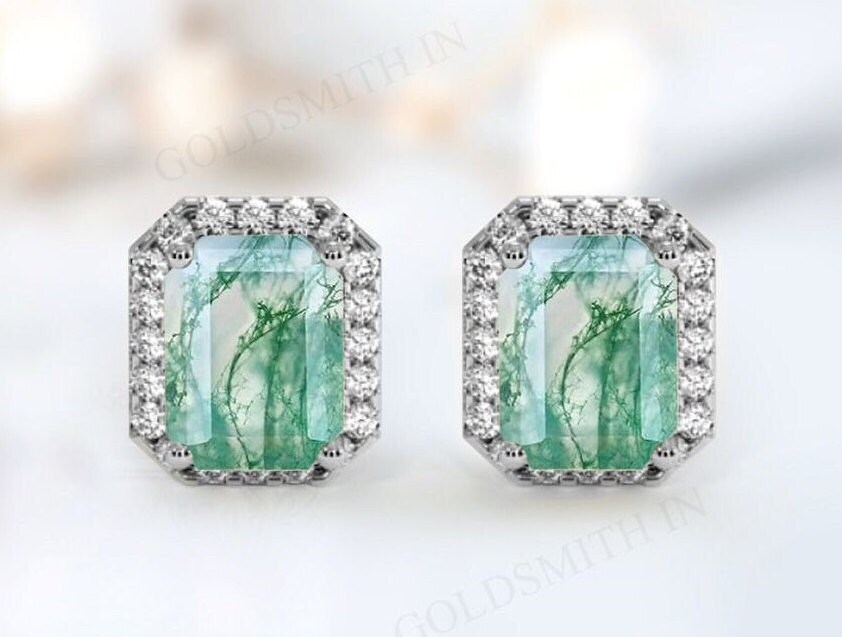 Unique Emerald Cut Moss Agate Earrings Art Deco Stud Earrings For Women 925 Sterling Silver Halo Style Moss Agate Earrings Anniversary Gift