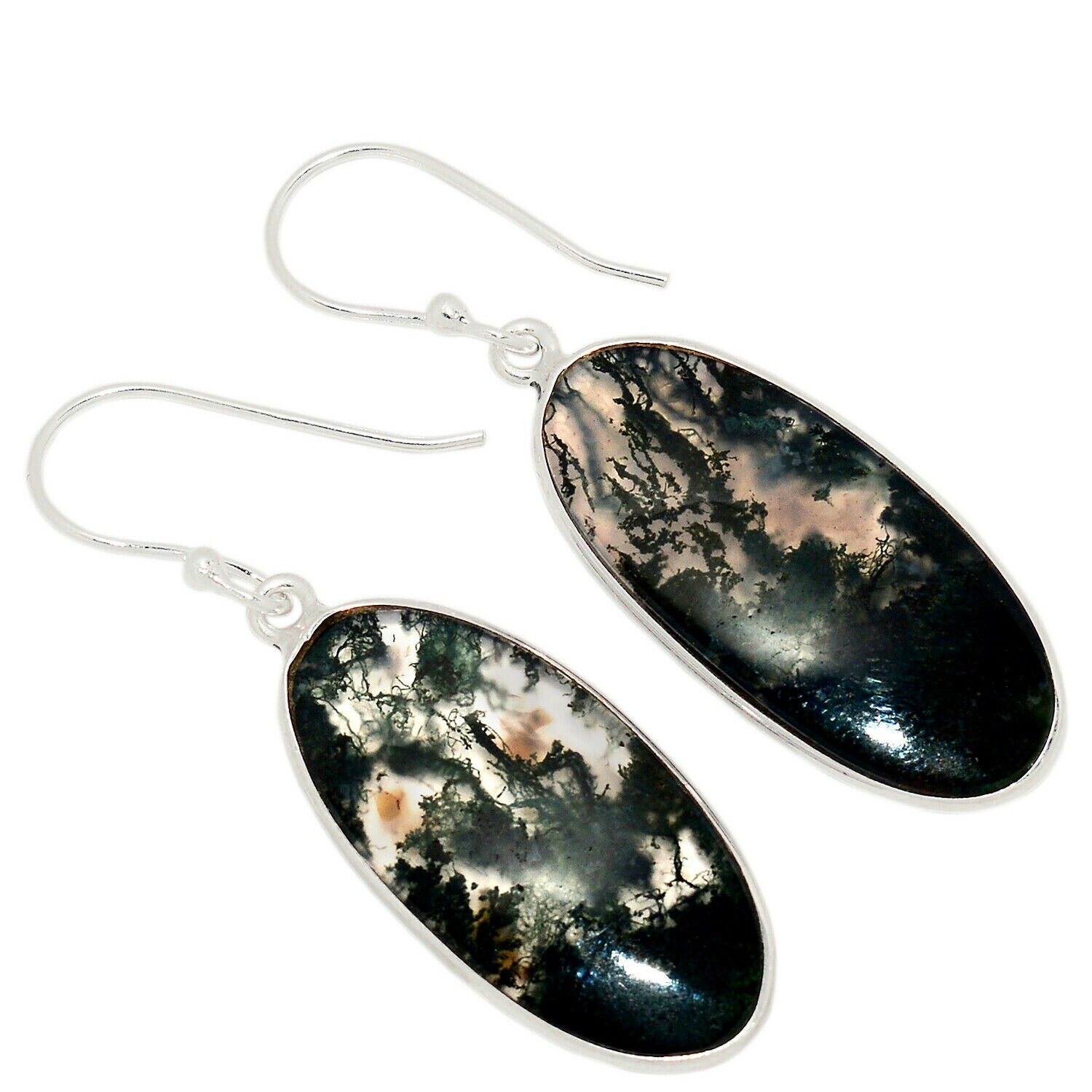 Very Beautiful Moss Agate Earrings, One Of A Kind, Abstract Design