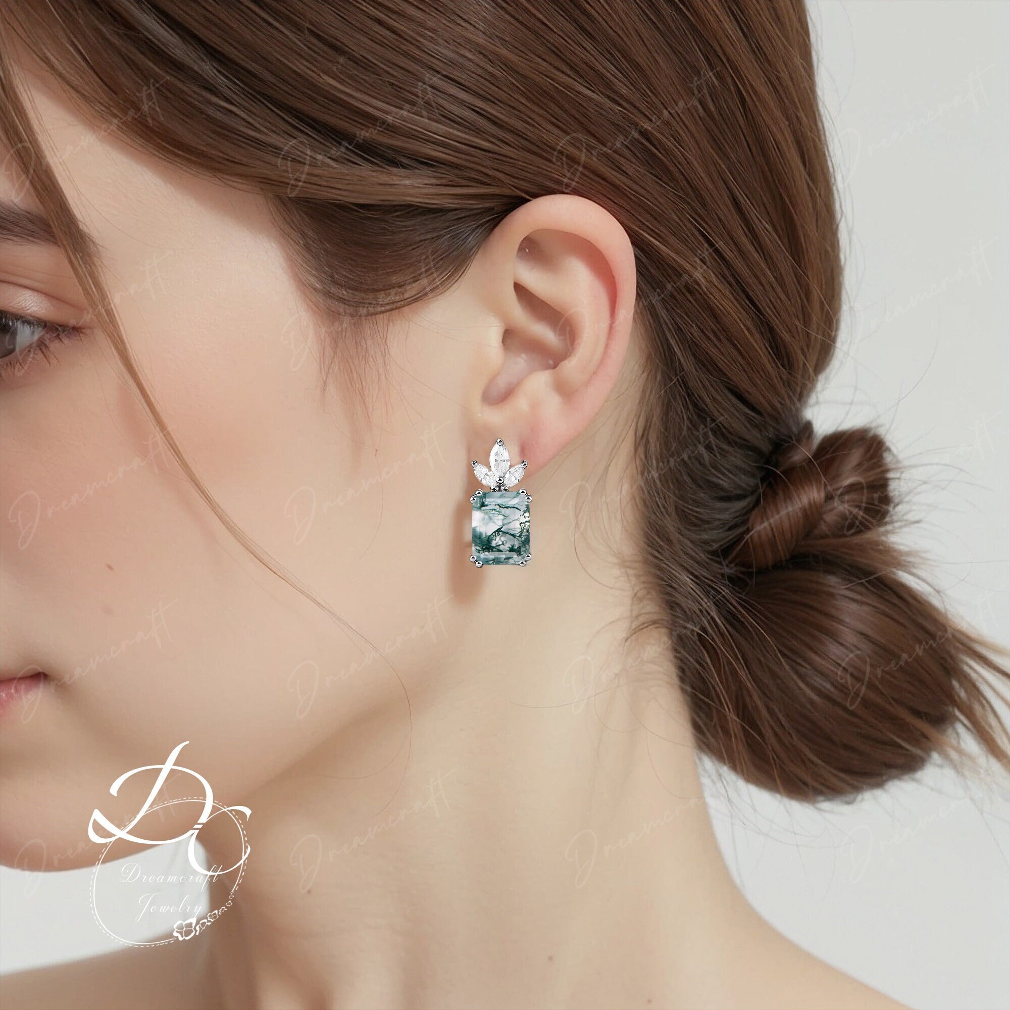Vintage Emerald Cut Moss Agate Wedding Stud Earrings Women Solid White Gold Green Gemstone Earrings Anniversary Jewelry Gift For Her