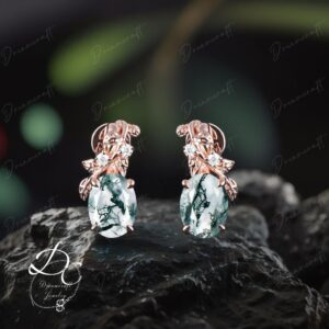 Vintage Oval Cut Moss Agate Wedding Stud Earrings Women Solid Rose Gold Nature Inspired Leaf Anniversary Earrings Jewelry Gift For Her