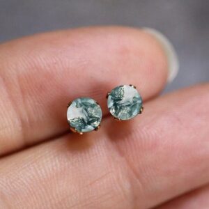 Vintage Moss Agate Stud Earrings, Round Cut, Sterling Silver