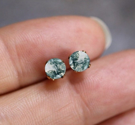 Vintage Moss Agate Stud Earrings, Round Cut, Sterling Silver