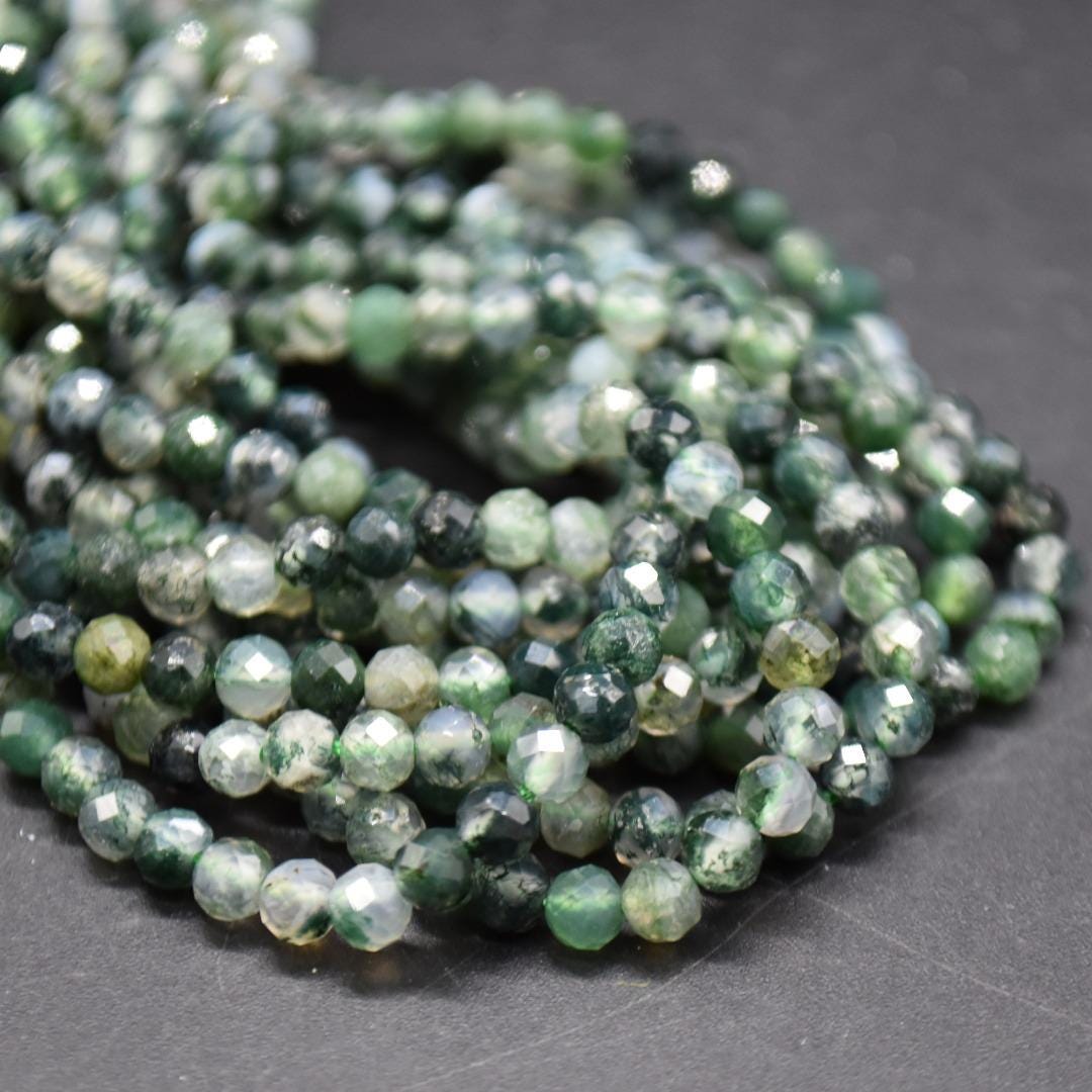 4mm Moss Agate Gemstone Faceted Round Beads - 15" Strand | Semi-precious Gemstones For Jewellery Making