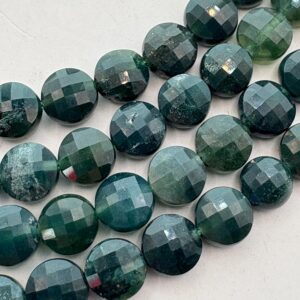 8mm Faceted Coin Moss Agate Gemstone Beads. 15” Strand Of Faceted Beads, About 49 Per Strand. Green Dendritic Gems.