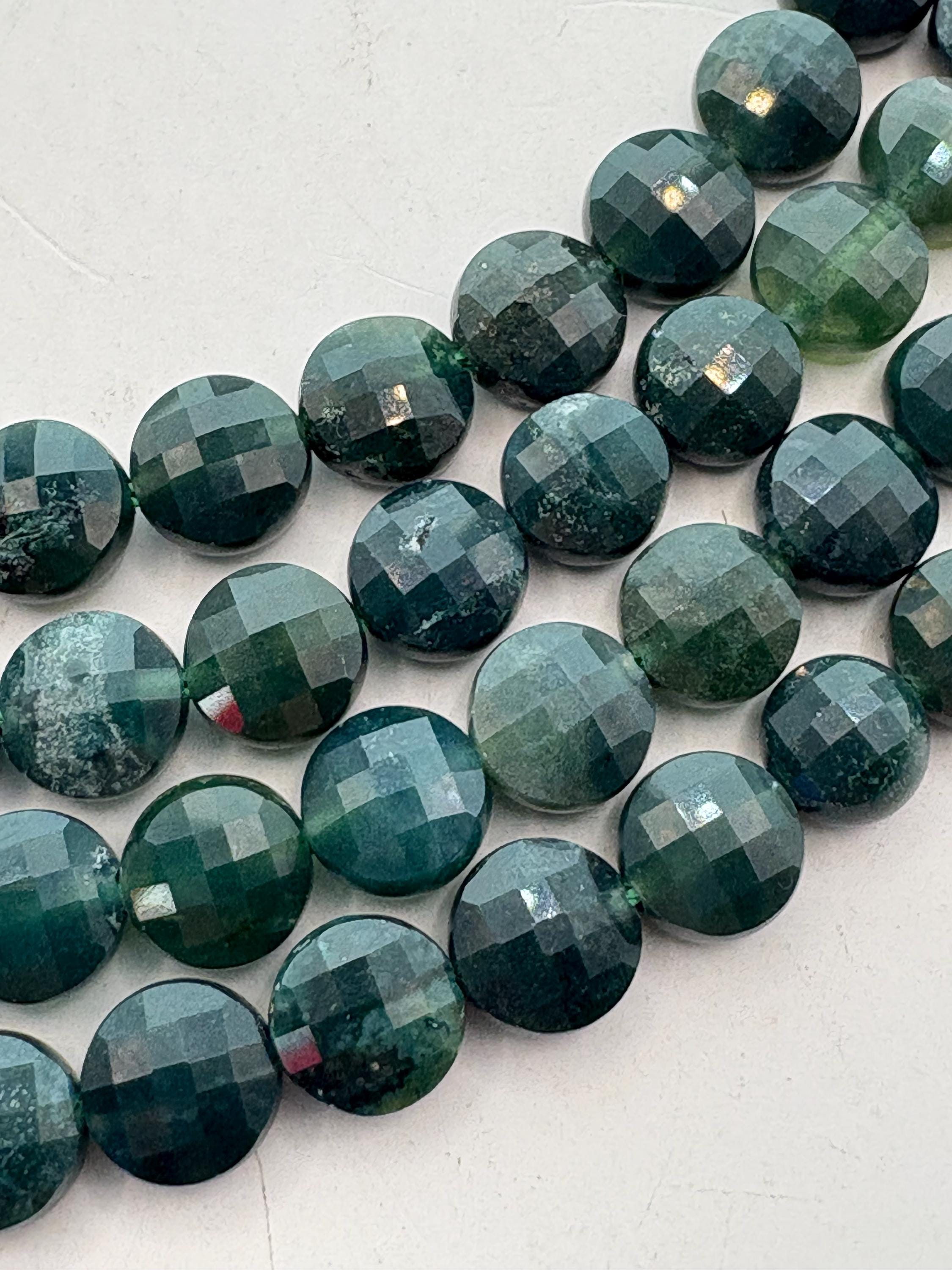 8mm Faceted Coin Moss Agate Gemstone Beads. 15” Strand Of Faceted Beads, About 49 Per Strand. Green Dendritic Gems.