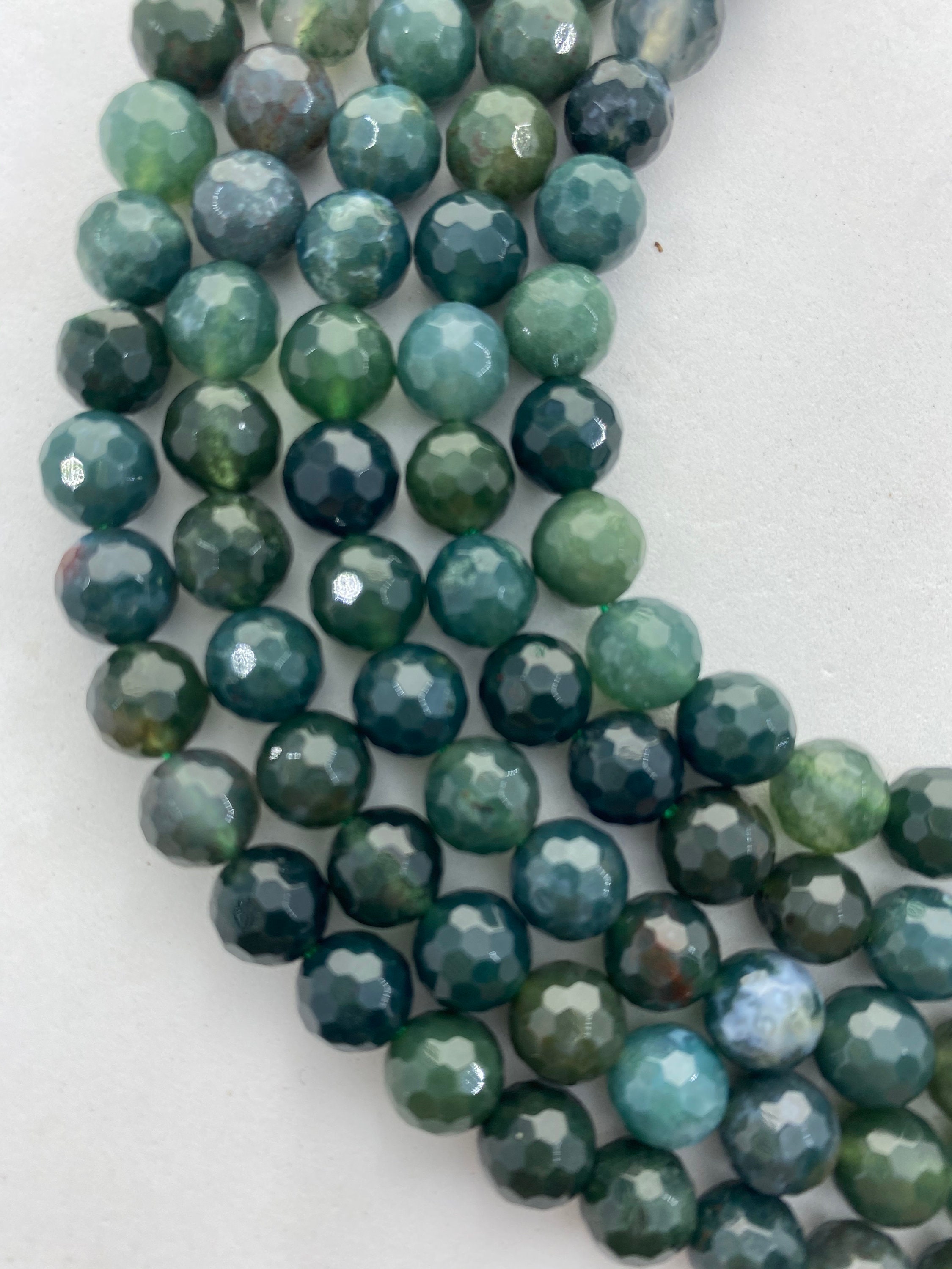8mm Faceted Moss Agate Gemstone Beads. 15” Strand Of Faceted Beads, About 48 Per Strand. Green Dendritic Gems.