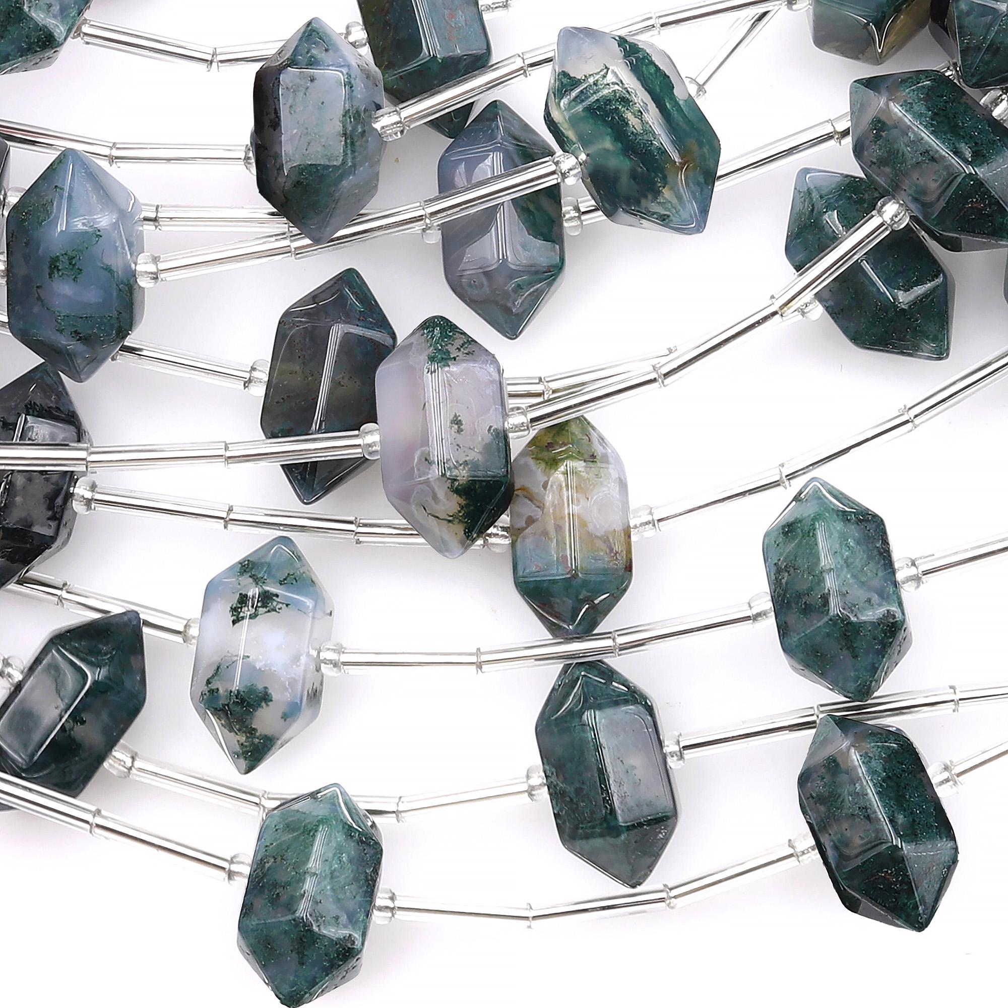Aaa Hand Cut Natural Moss Agate 16mm 18mm Beads Faceted Double Terminated Points Center Drilled Healing Gemstone 8" Strand