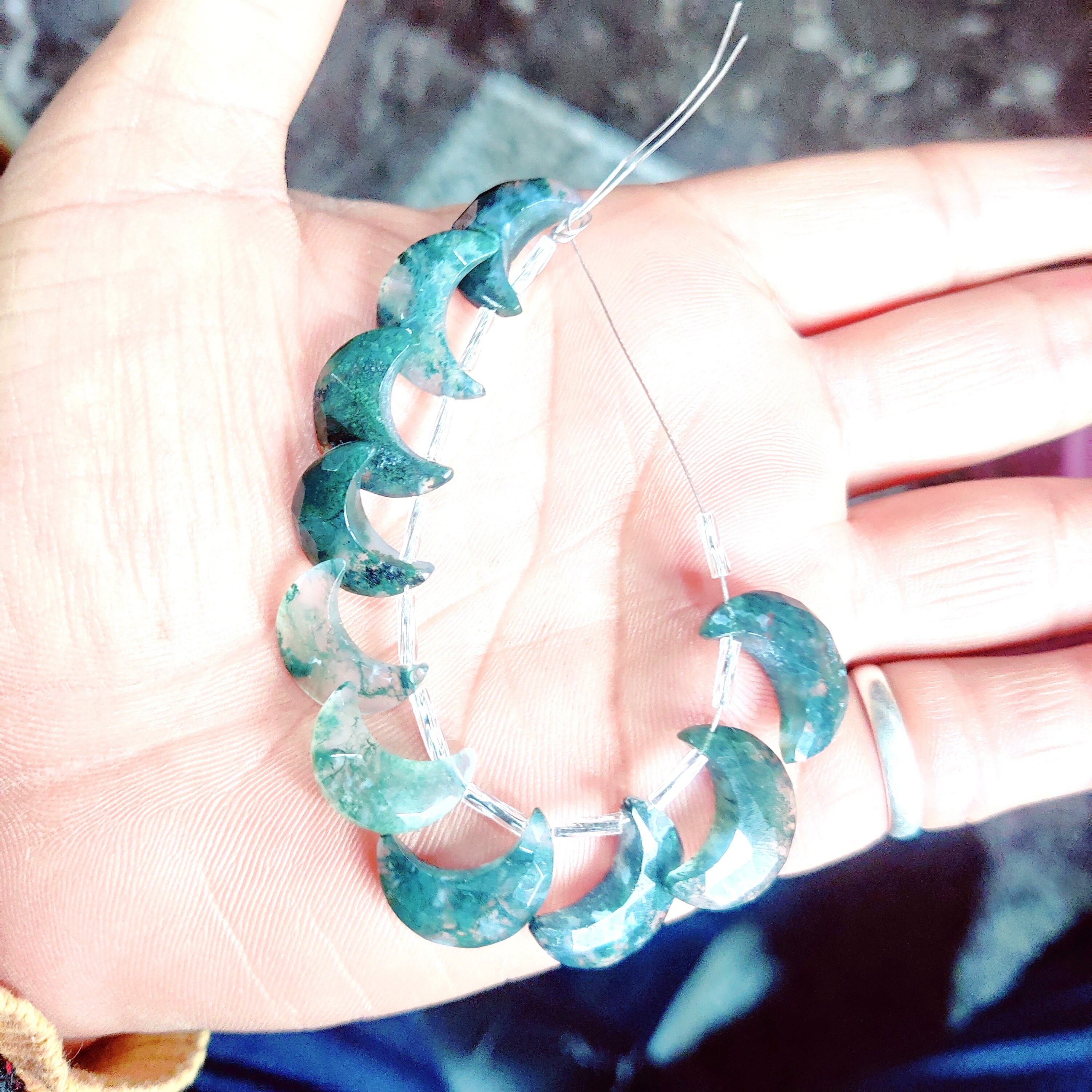 Faceted Moss Agate Crescent Moon Beads, Jewelry Making