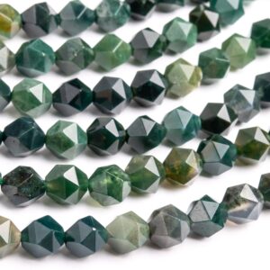 Genuine Natural Moss Agate Gemstone Beads 9-10mm Green Star Cut Faceted Aaa Quality Loose Beads (103833)