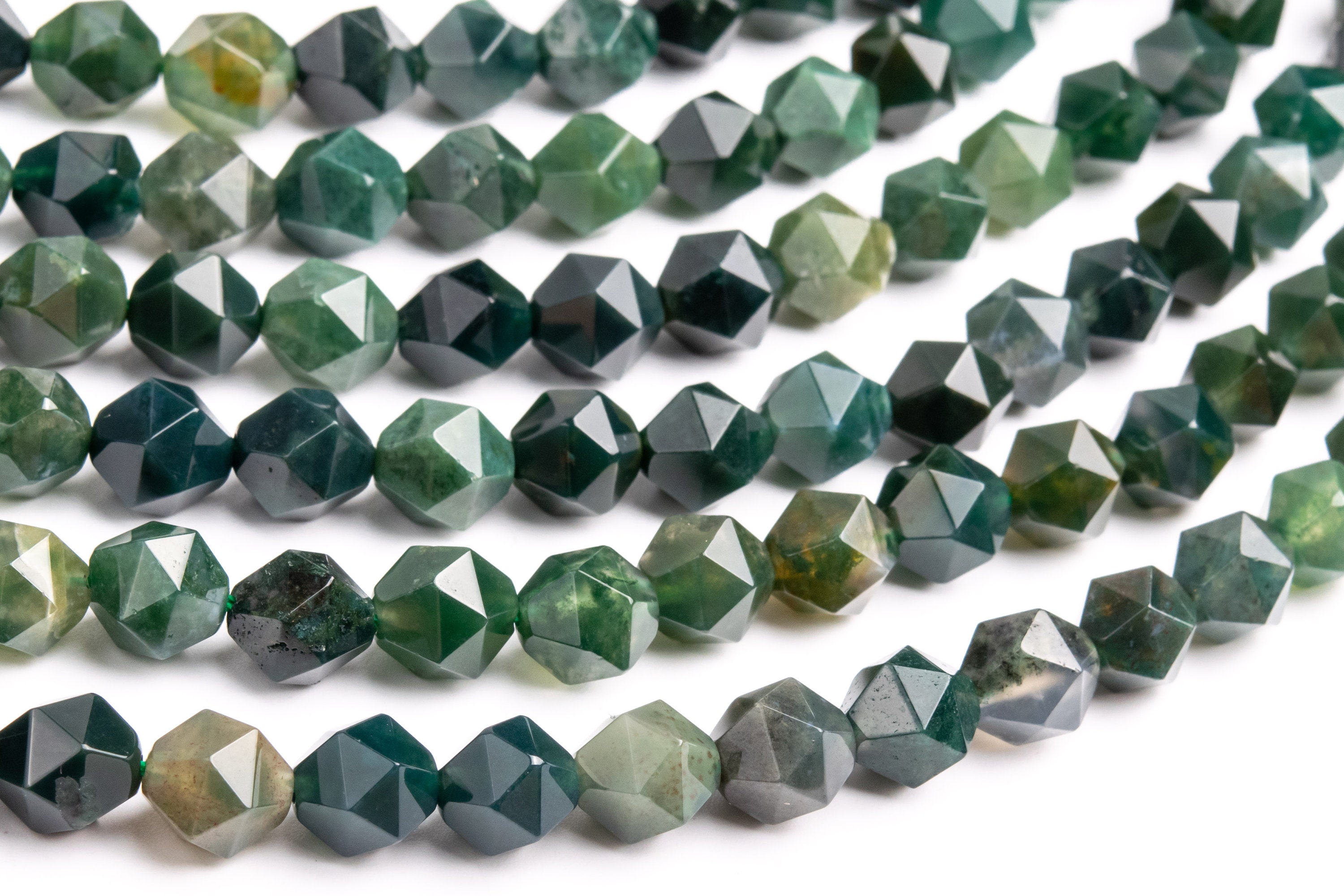 Genuine Natural Moss Agate Gemstone Beads 9-10mm Green Star Cut Faceted Aaa Quality Loose Beads (103833)