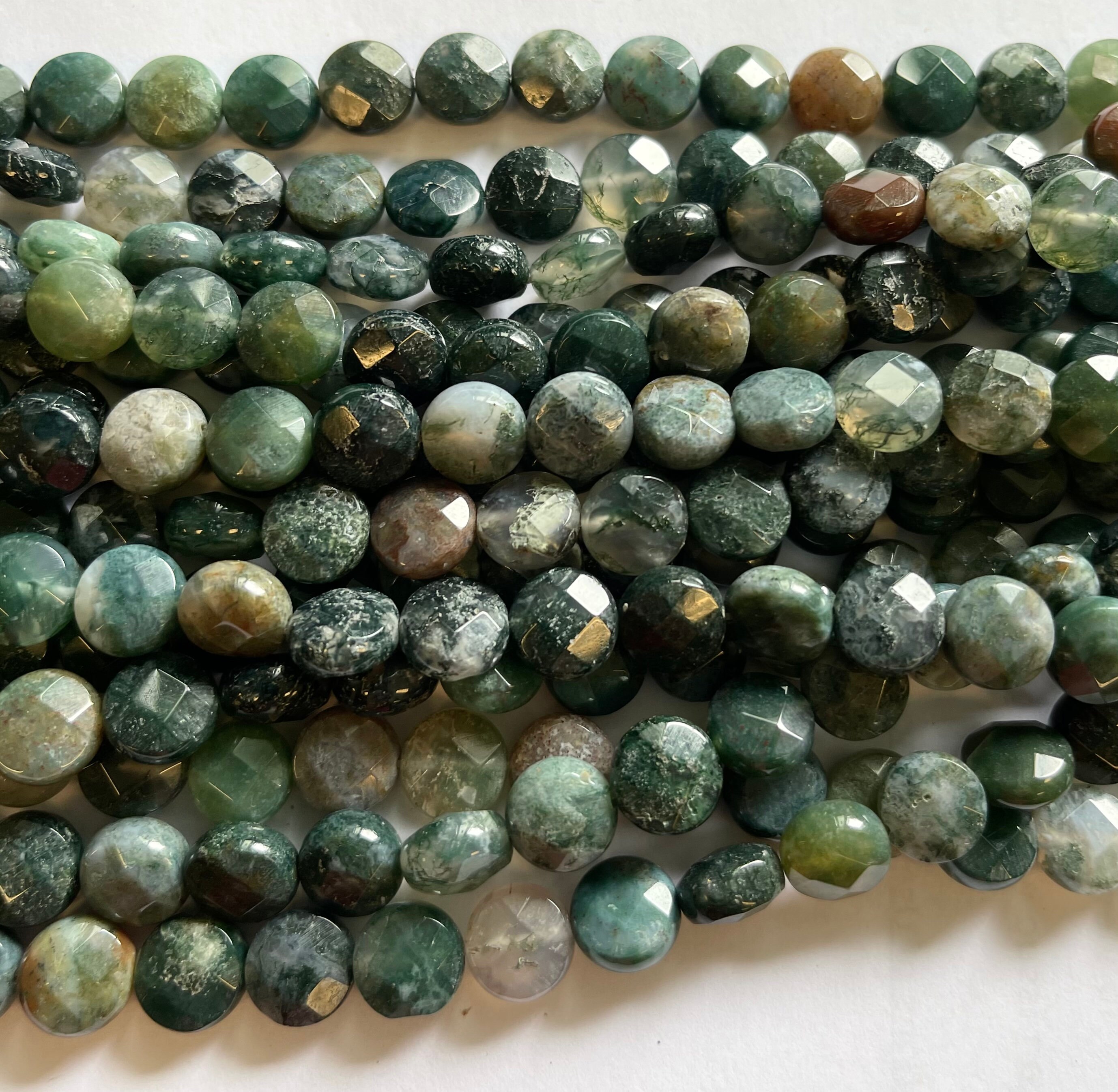 Natural Moss Agate 8x5mm Faceted Flat Coin Gemstone Beads~ -15.5  Inch Strand