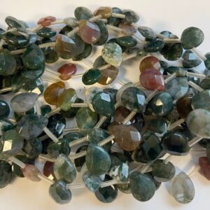 Natural Moss Agate Faceted flat teardrop 12x8x5mm 14x10x5mm gemstone beads--15.5 inch strand
