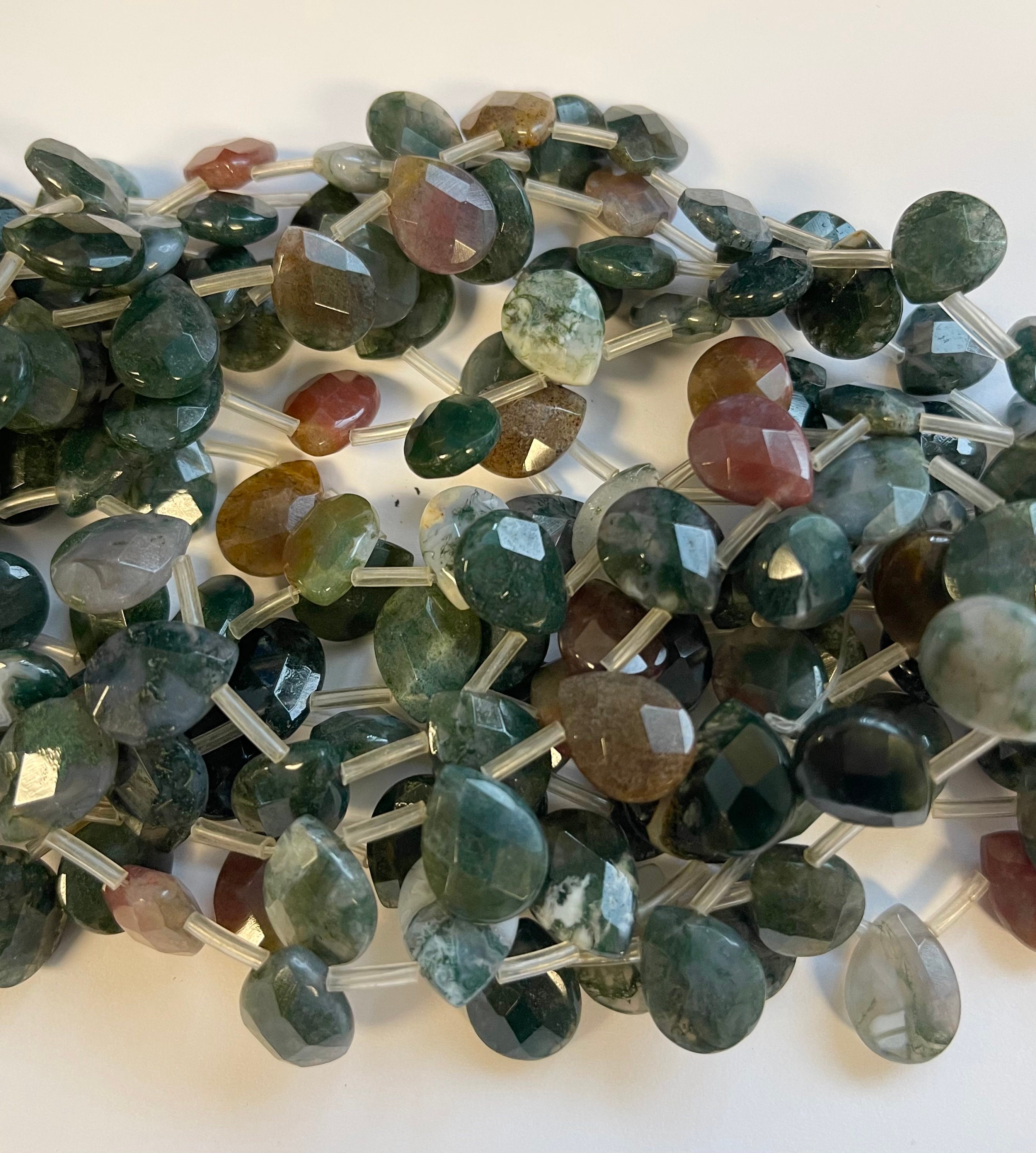 Natural Moss Agate Faceted Flat Teardrop 12x8x5mm 14x10x5mm Gemstone Beads--15.5 Inch Strand