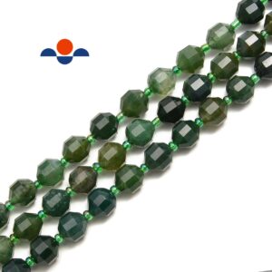 Moss Agate Prism Cut Double Point Faceted Round Beads 9x10mm 15.5'' Strand