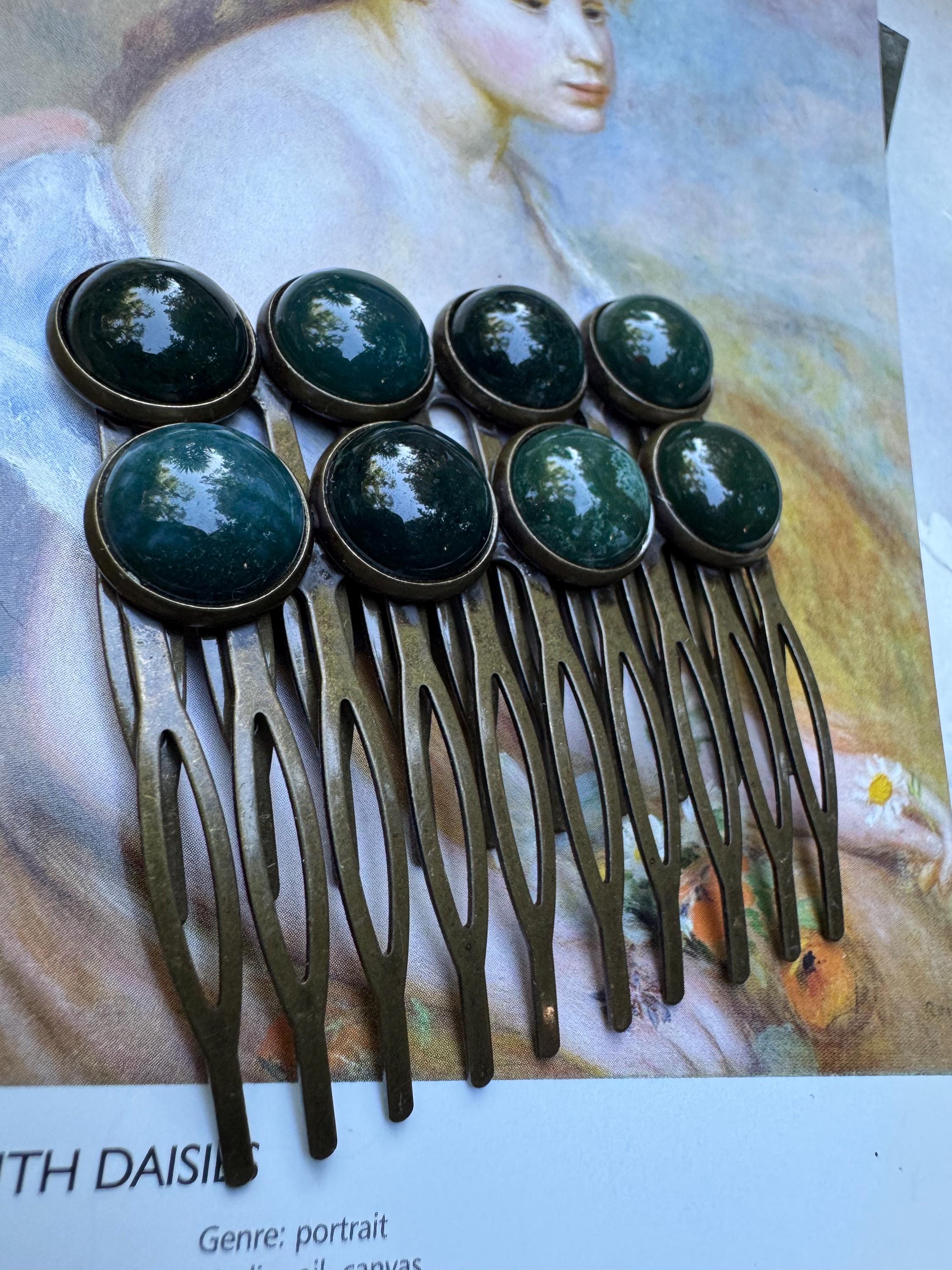 Moss Agate French Combs - Natural Gemstone Hair Jewelry - Green Crystal Side Comb Set