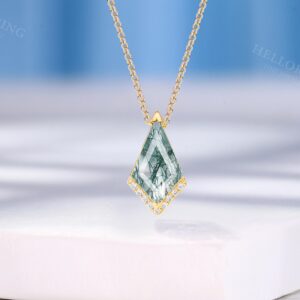 Art Deco Kite Shape Moss Agate Necklace with Moissanite, Handmade 14K Solid Gold Necklace, Custom Gemstone Neckalce, Birthday Gifts for Her