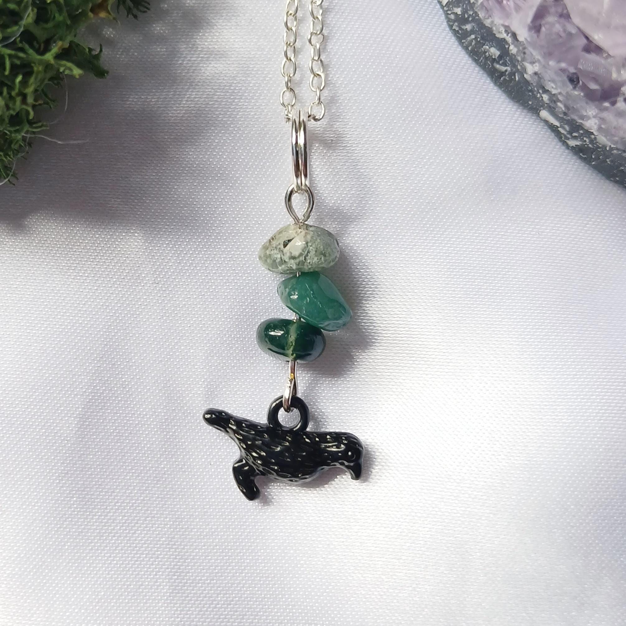 Crow Necklace Raven Morrigan Moss Agate Crystal - Grounding - Protection