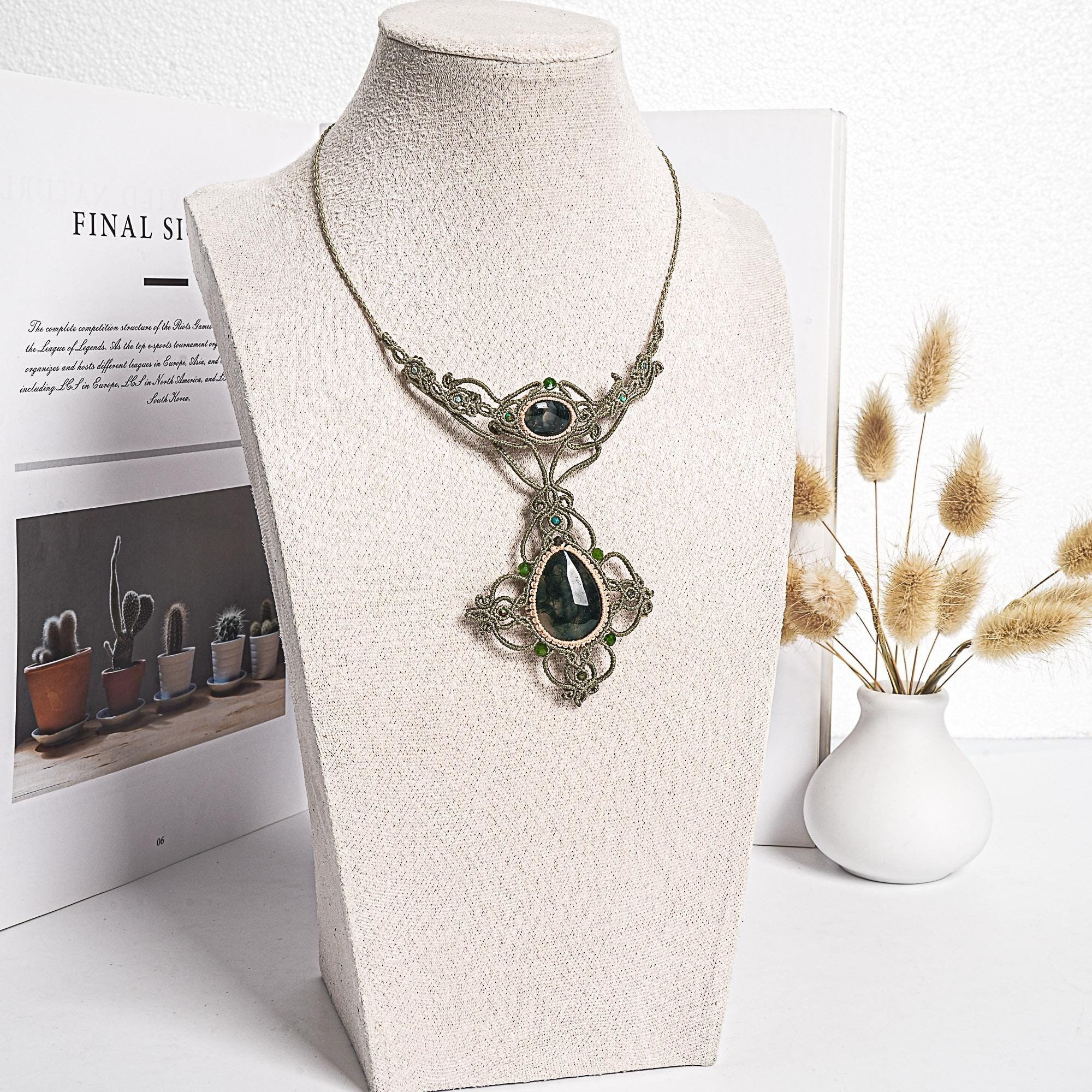 Dark Green Moss Agate Macrame Necklace Genuine Natural Grade Aaa Moss Agate Necklace Gemstone Neckalce(95933)