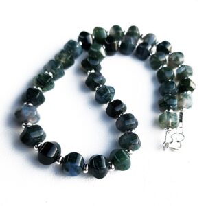 Moss Agate Gemstone Necklace Sterling Silver, Chunky Dark Green Statement Necklace, Handmade Necklace, Rondelle Necklace, 17 Inch Necklace