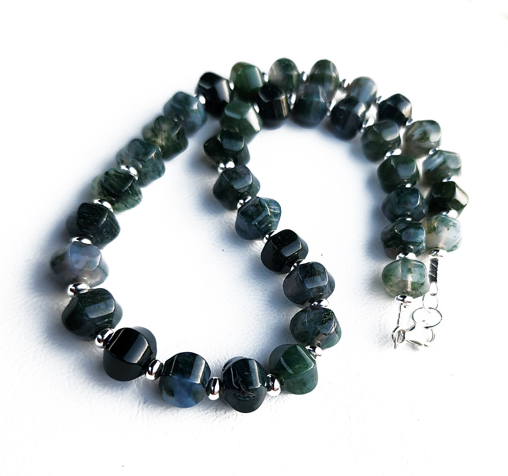 Moss Agate Gemstone Necklace Sterling Silver, Chunky Dark Green Statement Necklace, Handmade Necklace, Rondelle Necklace, 17 Inch Necklace