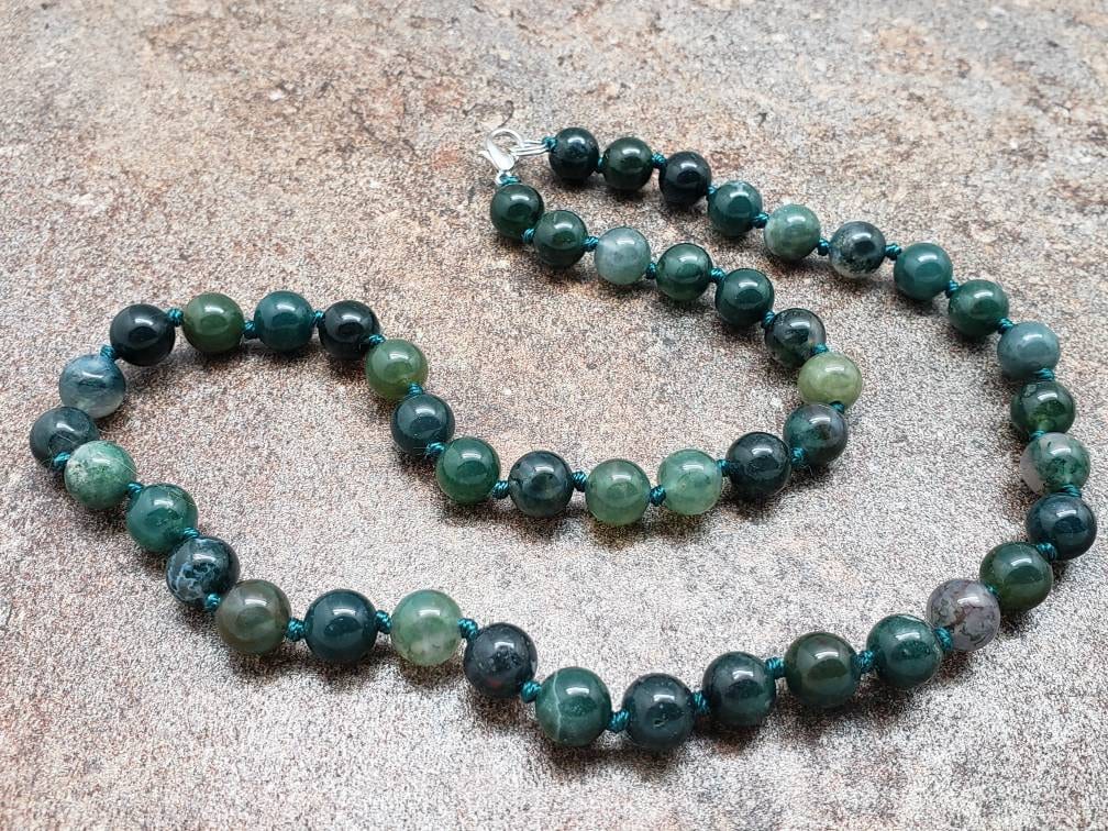 Moss Agate Hand Knotted Necklace With Lobster Claw Clasp Moss Agate Hand Knotted Necklace With Lobster Claw Clasp