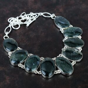 Handmade Moss Agate Necklace: 925 Sterling Silver, Adjustable Chain
