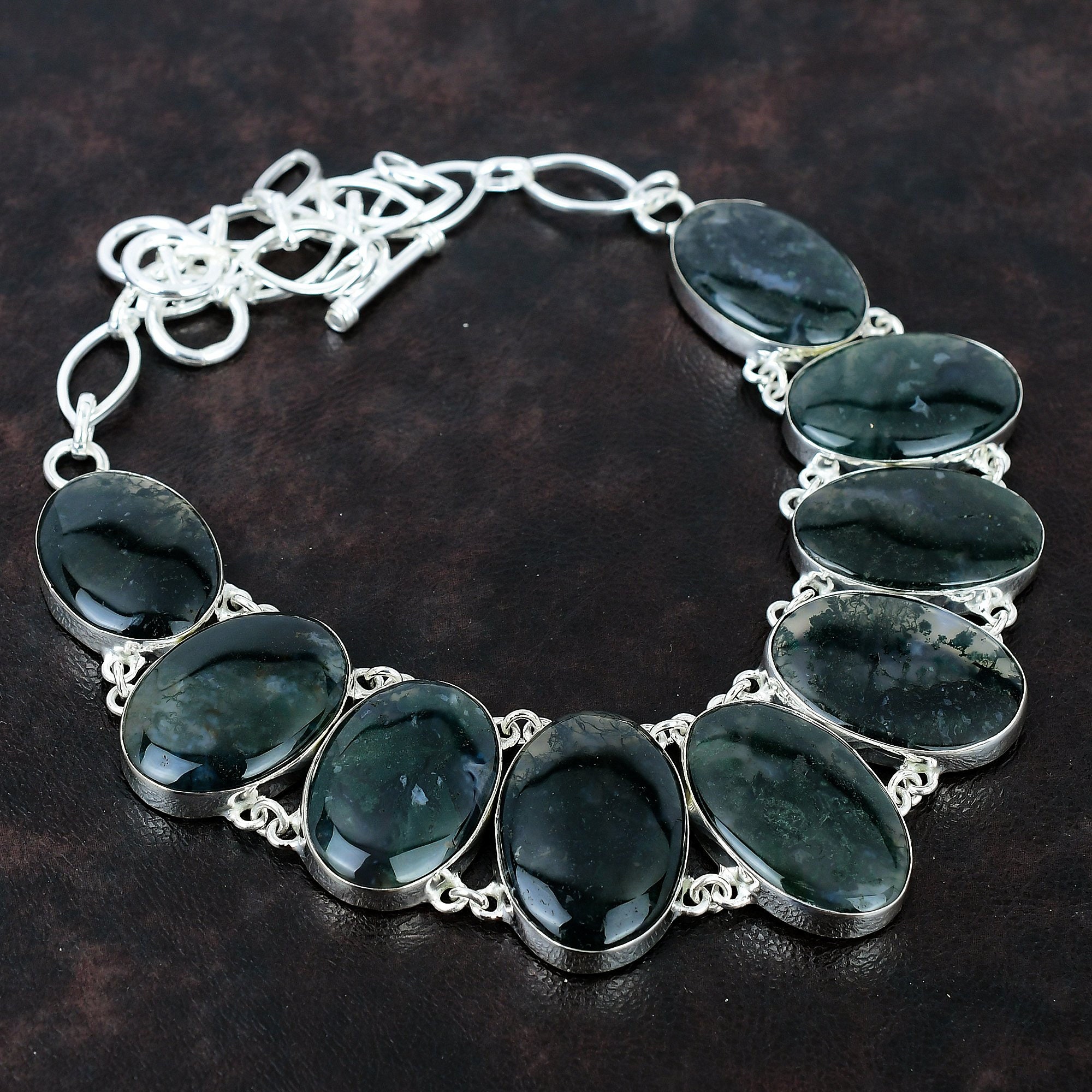 Handmade Moss Agate Necklace: 925 Sterling Silver, Adjustable Chain