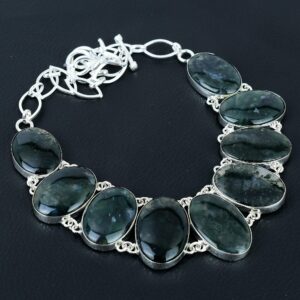 Handmade Moss Agate Sterling Silver Necklace, Oval Gemstone Chain Jewelry Handmade Moss Agate Sterling Silver Necklace, Oval Gemstone Chain Jewelry