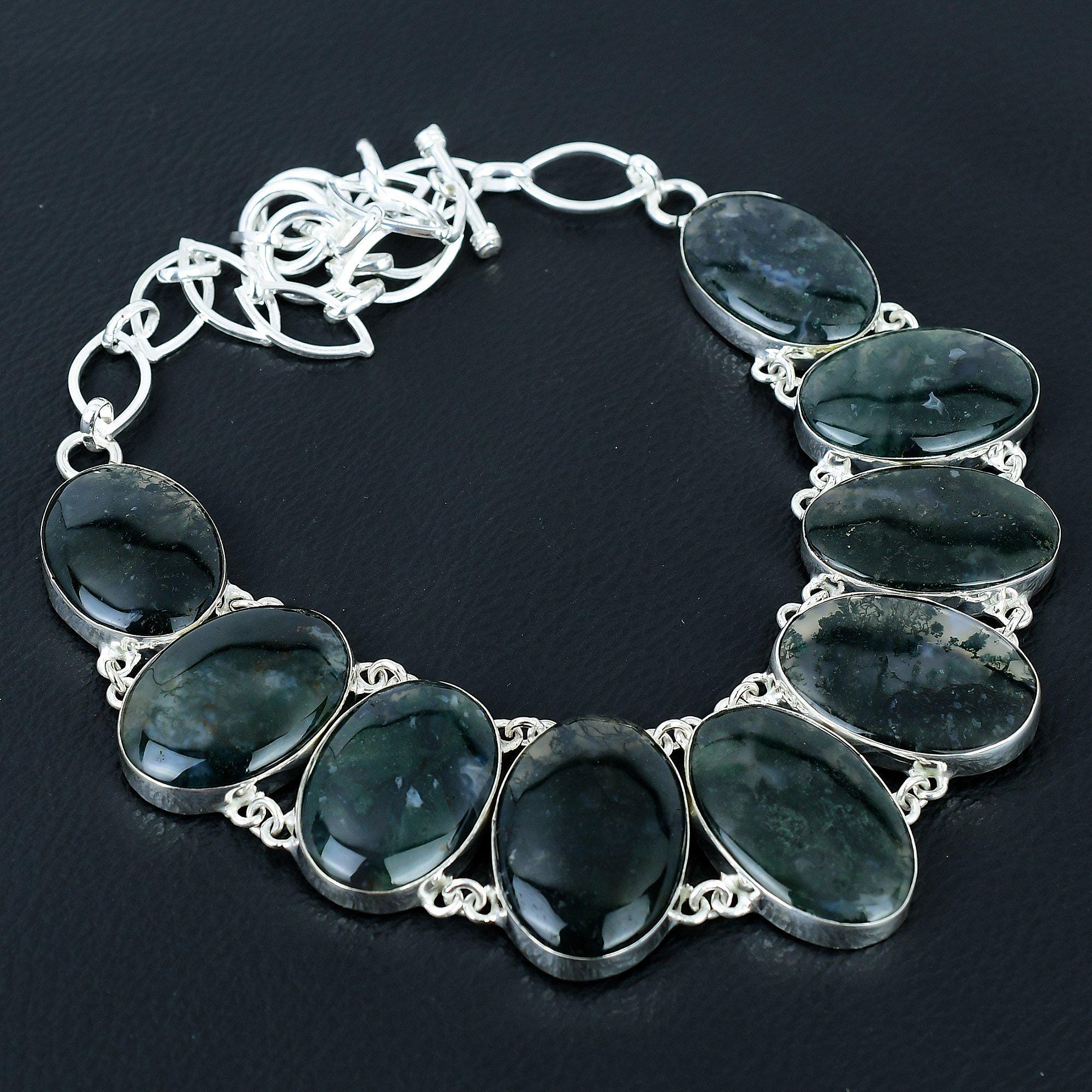 Handmade Moss Agate Sterling Silver Necklace, Oval Gemstone Chain Jewelry