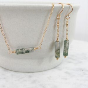 Moss Agate Jewelry Set - Matching Necklace and Earrings in 14K Gold Filled or Sterling Silver - Minimalist Gift for Her