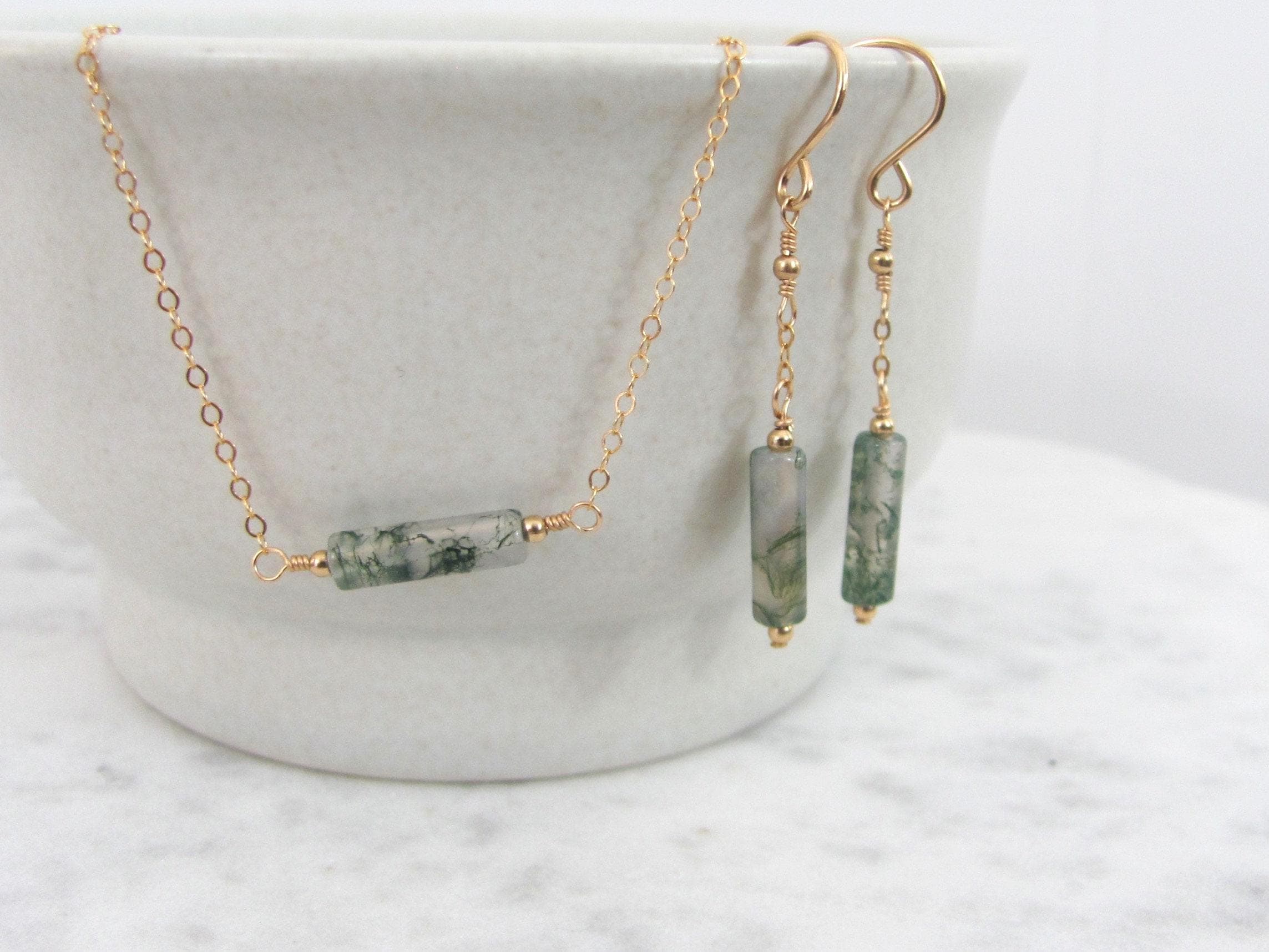 Moss Agate Jewelry Set - Matching Necklace And Earrings In 14k Gold Filled Or Sterling Silver - Minimalist Gift For Her