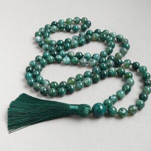 Moss Agate Long Necklace, Green Mala Necklace, Moss Agate 108 Mala Bead Necklace, Long Green Gemstone Hand Knotted Tassel Necklace Yoga Gift