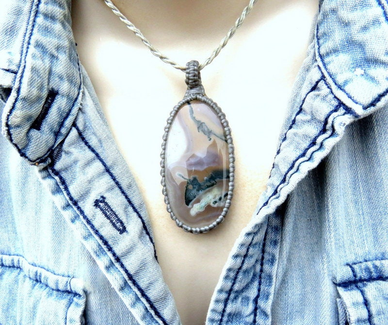 Moss Agate Macrame Necklace, Moss Agate Jewelry, Green Moss Agate, Macrame Jewelry, Mothers Day Gift Ideas, Fathers Day Gift, Oval Agate