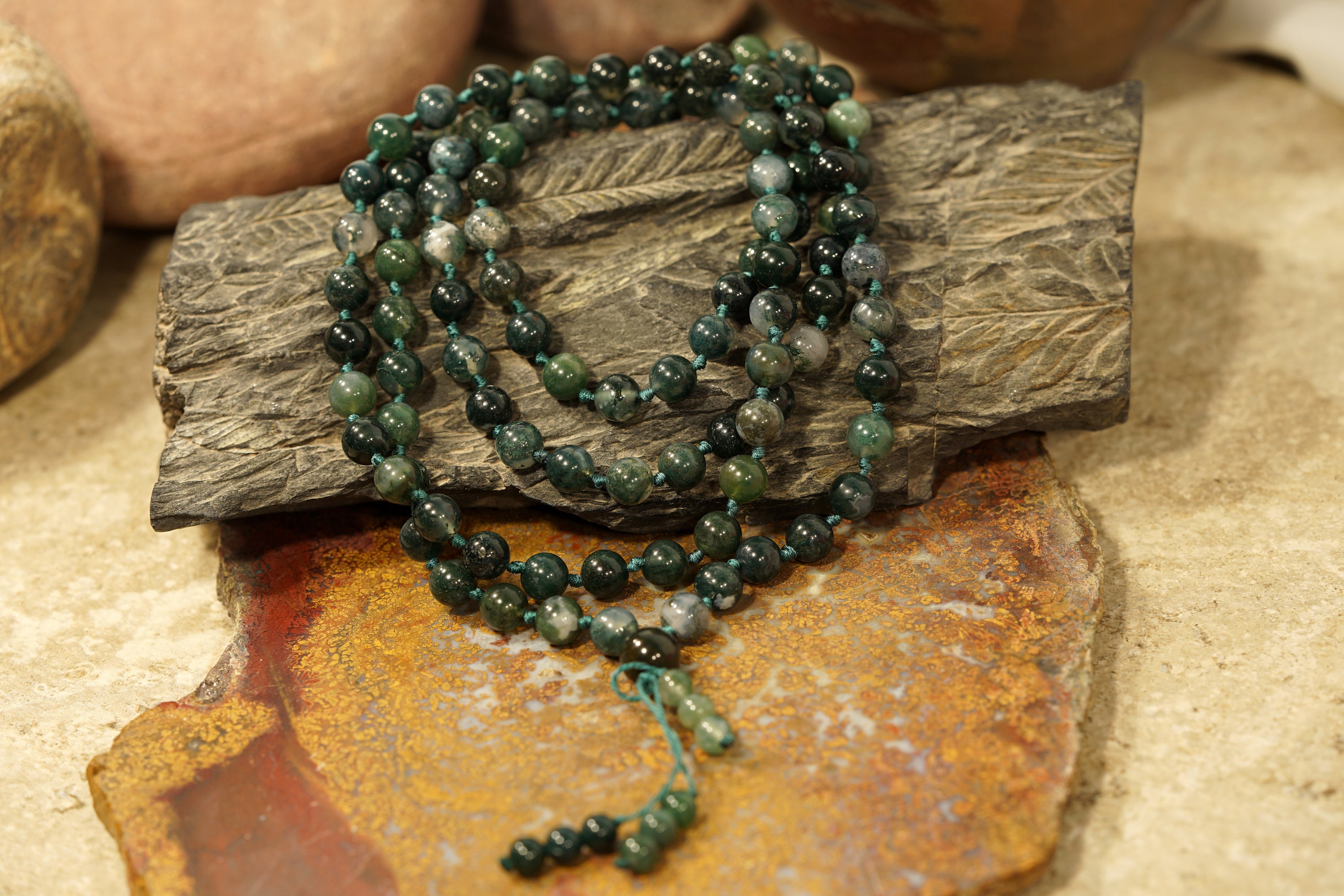 Moss Agate Mala Necklace • Hand-knotted Gemstone Mala • 8mm • Men's Mala • Healing Crystals Necklace • 108+1 • Earthy Tones Mala • Ao4405