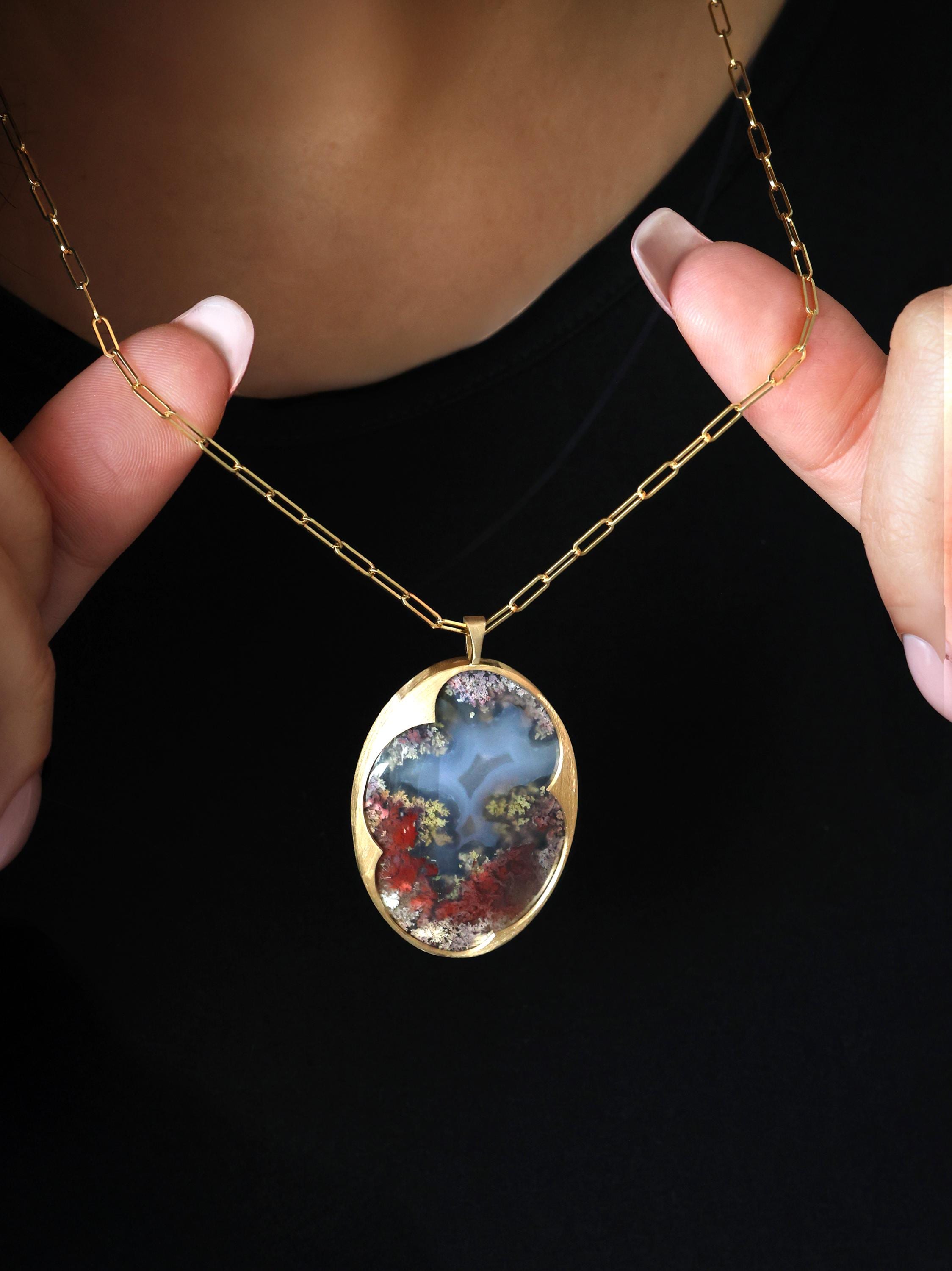 Multicolor Garden Moss Agate Necklace, Statement Necklace With Paperclip Chain Multicolor Garden Moss Agate Necklace, Statement Necklace With Paperclip Chain