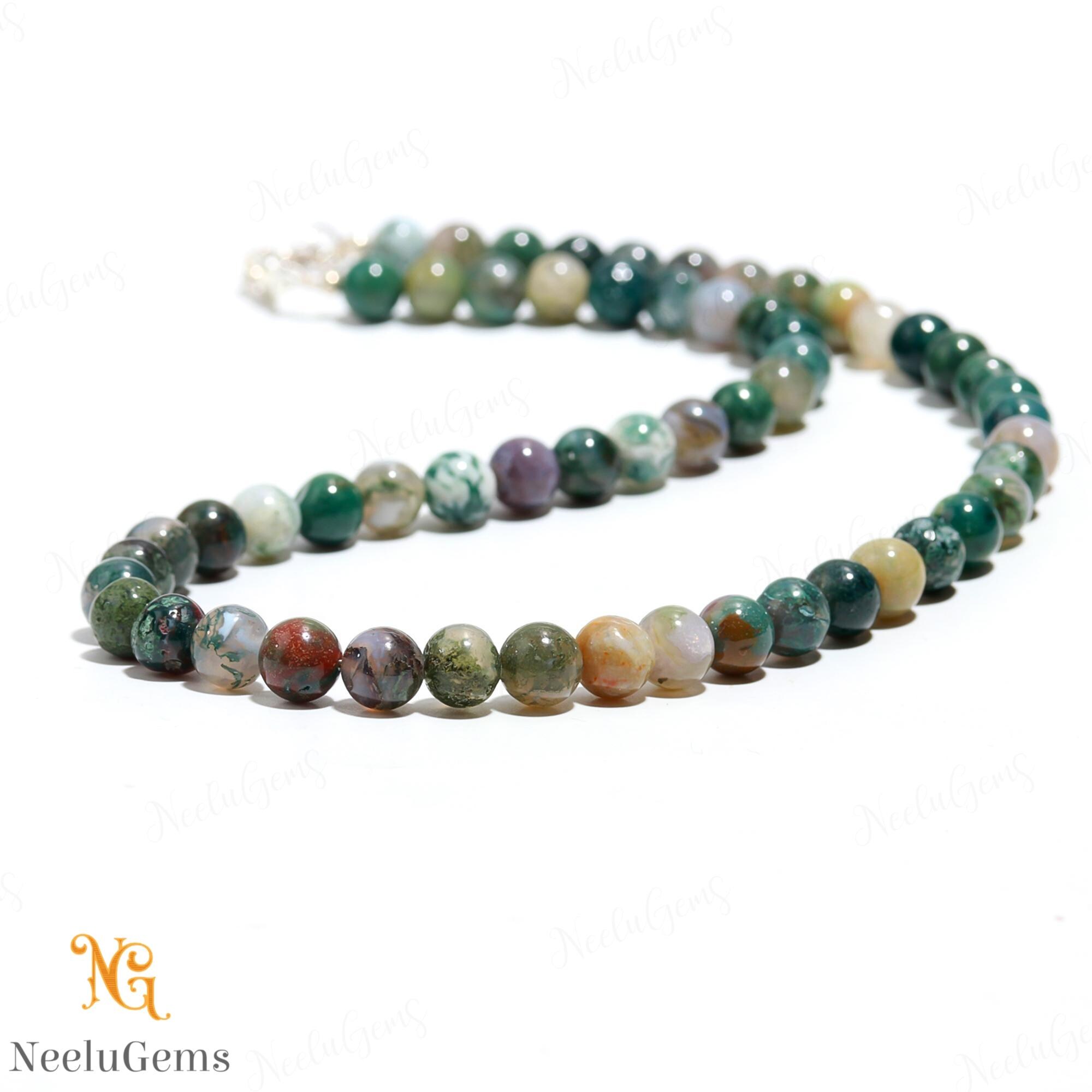 Natural Indian Agate Necklace, Handmade Beaded Jewelry For Men Women, 18 Inch Grounding Crystal Choker, Green Moss Agate Gift For Loved Ones