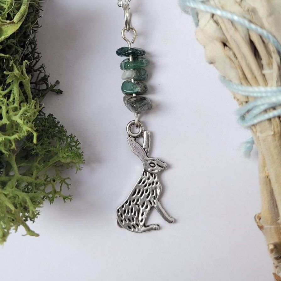 Ostara Moss Agate And Hare Necklace - Earth Element