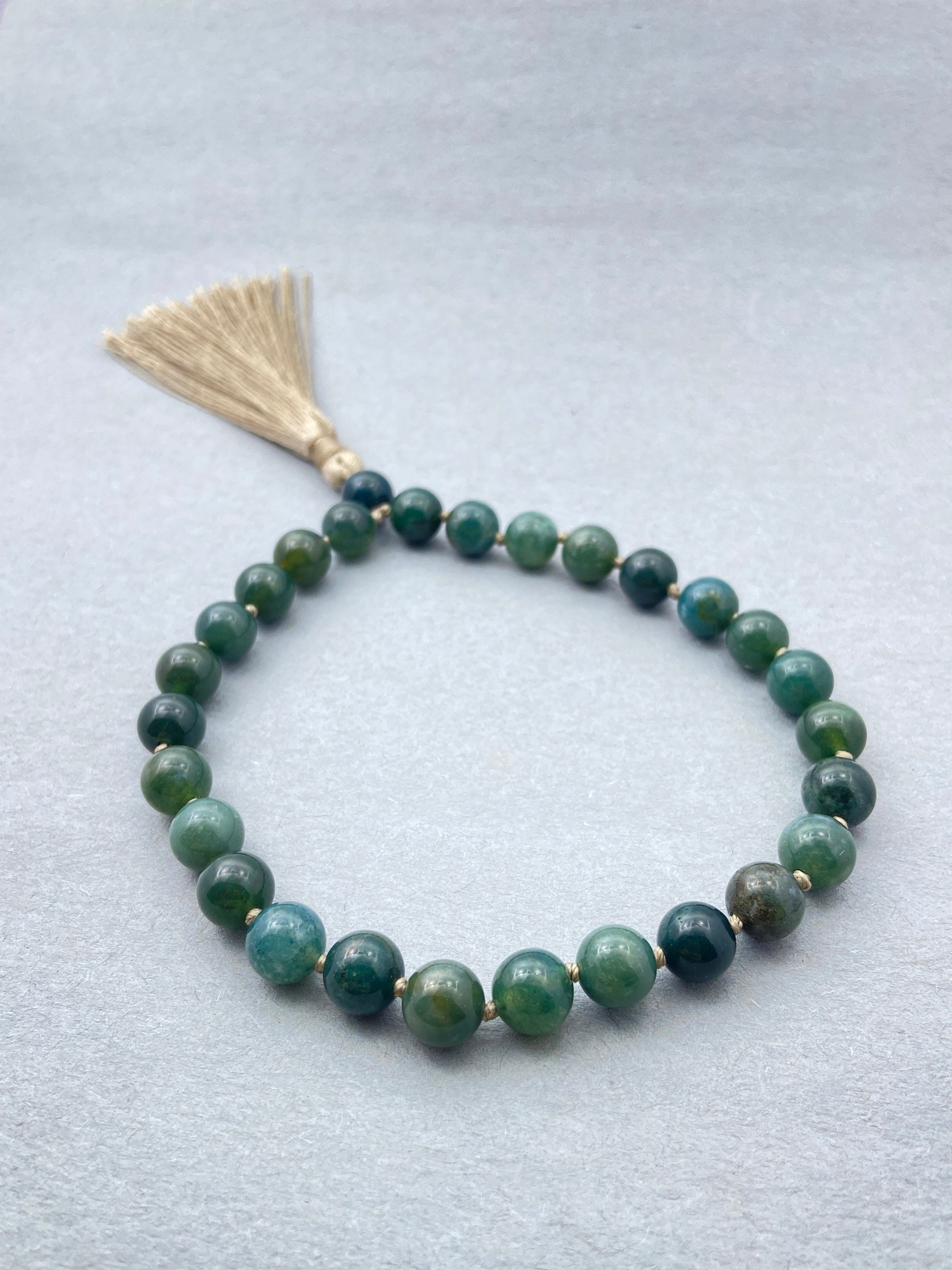 Moss Agate Pocket Mala: 27 Bead Meditation Aid With Tassel