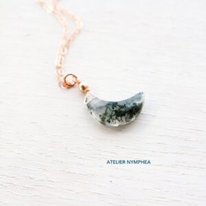 Moss Agate Necklace Rose Gold, Gemstone Crescent Moon Necklace, Green Moss Agate Jewelry, Plant & Nature Lovers, Heart Chakra Virgo Zodiac Moss Agate Necklace Rose Gold, Gemstone Crescent Moon Necklace, Green Moss Agate Jewelry, Plant & Nature Lovers, Heart Chakra Virgo Zodiac