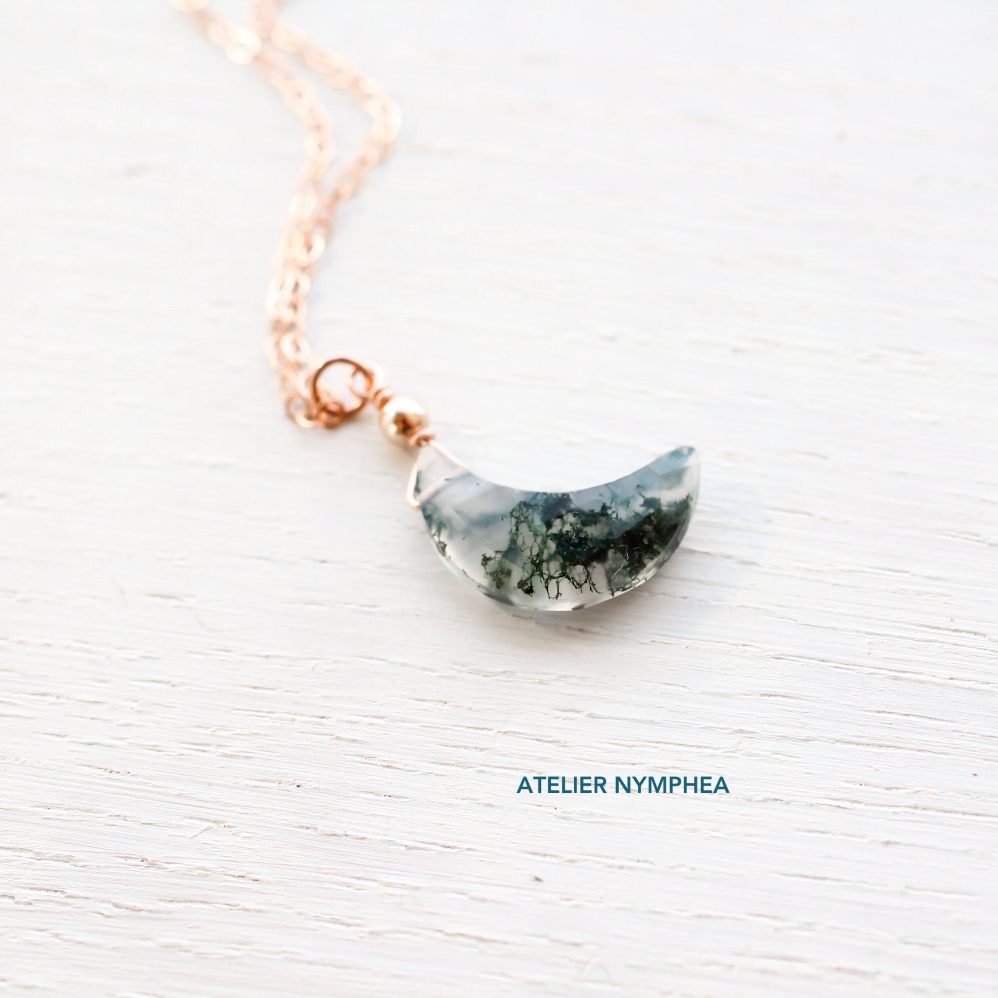Moss Agate Necklace Rose Gold, Gemstone Crescent Moon Necklace, Green Moss Agate Jewelry, Plant & Nature Lovers, Heart Chakra Virgo Zodiac