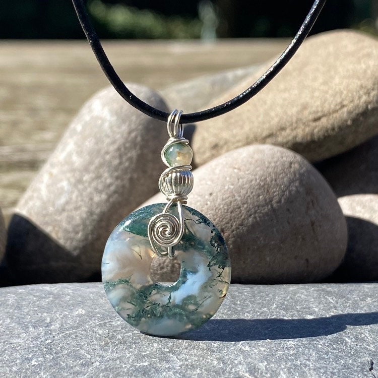 Moss Agate Silver Spiral Wire Wrapped Necklace, Crystal Necklace On Leather